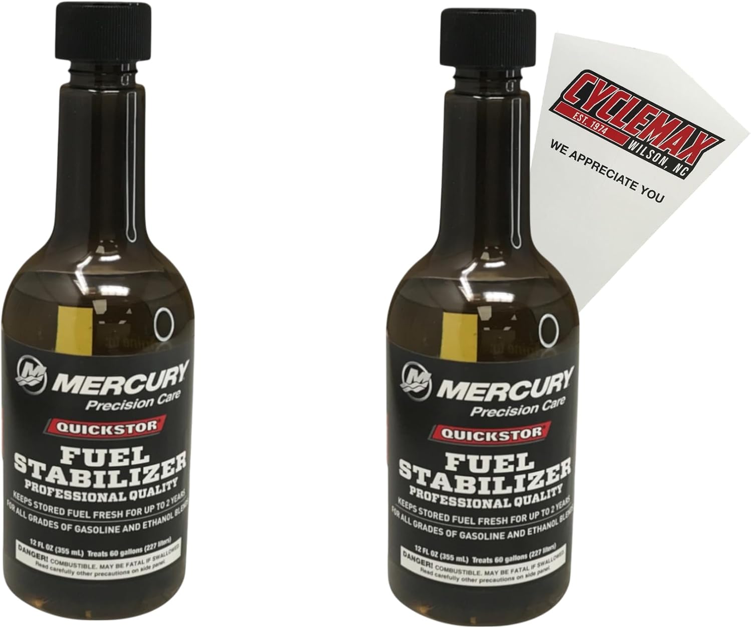 Cyclemax Two Pack compatible with Mercury Quickstor Fuel System Treatment & Stabilizer 12 Oz. 8M0047932-2PACK Contains Two Quickstor Treatment & Stabilizer 12 Oz. and a Funnel