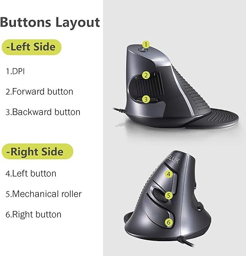 Miniatura 7 de DeLUX Mouse vertical con cable, mouse ergonómico para computadora con 6 botones programables, 4200 DPI, reposamanos extraíble y para túnel carpiano