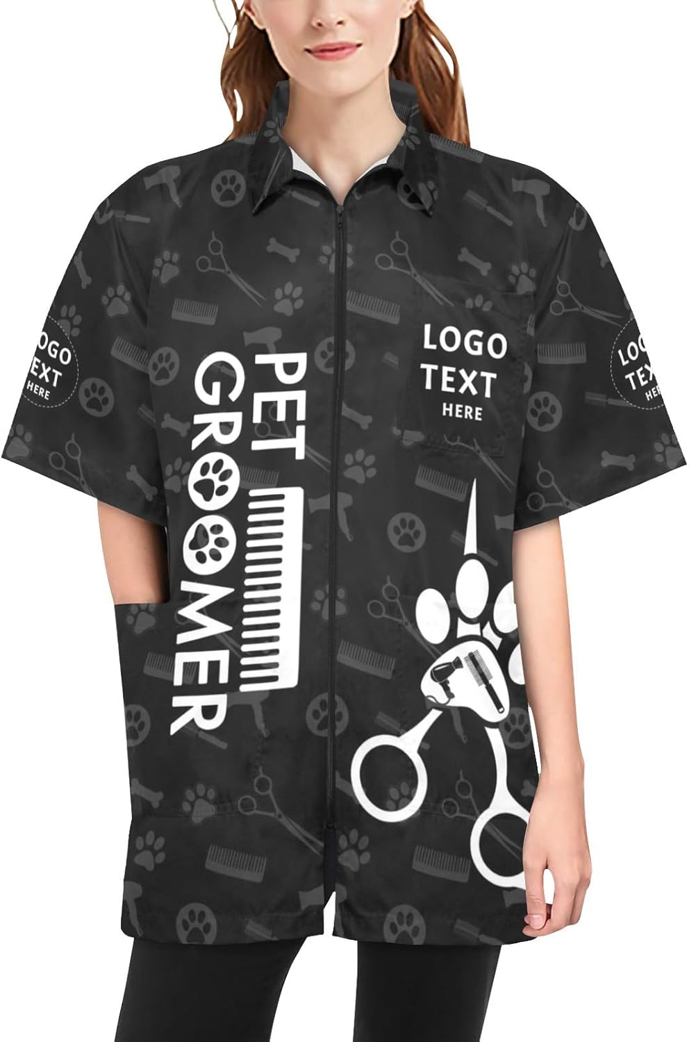 Custom Dog Pet Grooming Jackets with Logo Text, Personalized Pet Groomer Waterproof Smocks Workwear with 3 Pockets