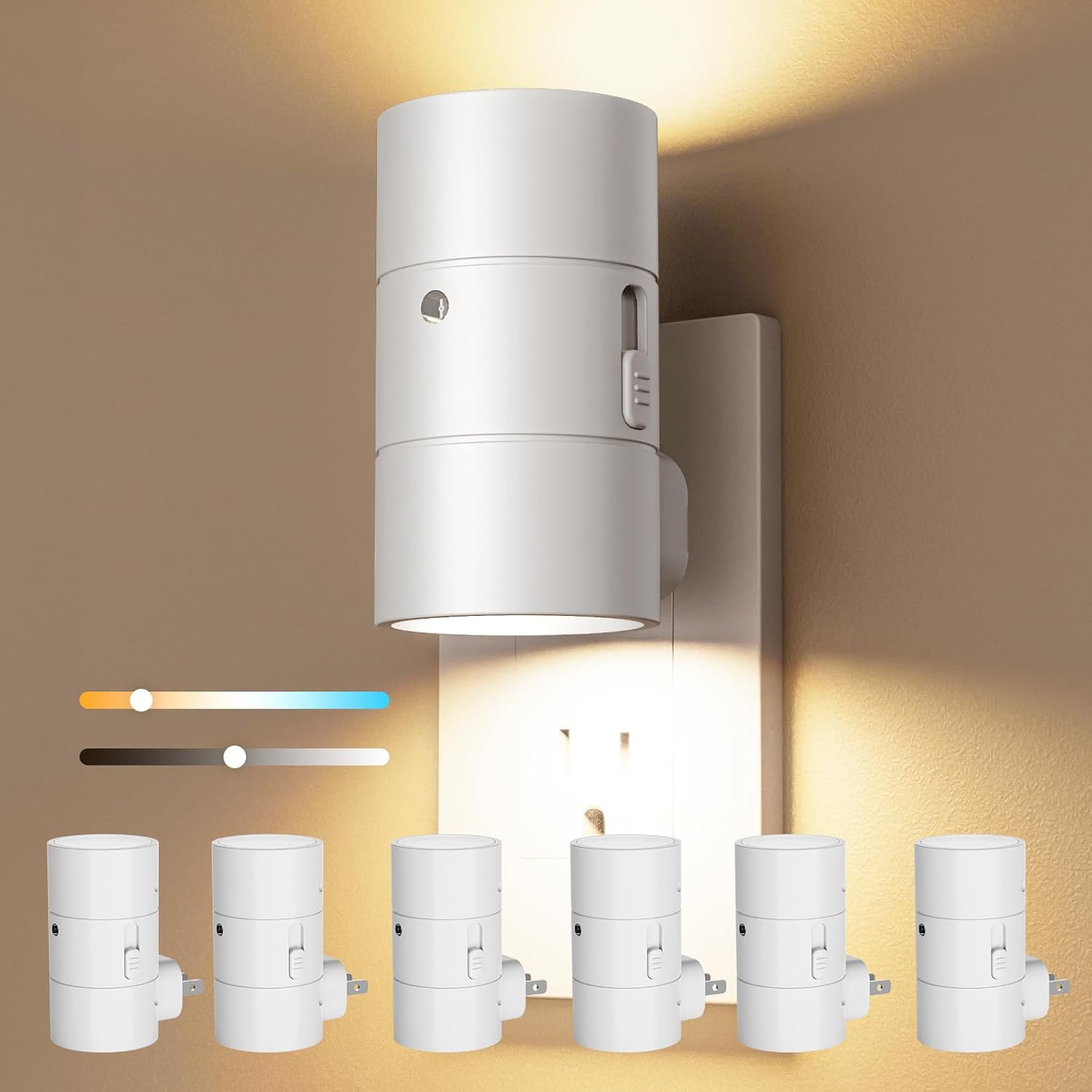 VOLISUN Night Lights Plug into Wall, Dimmable LED Nightlight with Dusk to Dawn Light Sensor, 0-100LM Adjustable Brightness, 3 Color Temperatures, Compact Size, 6 Pack for Hallway, Bathroom White