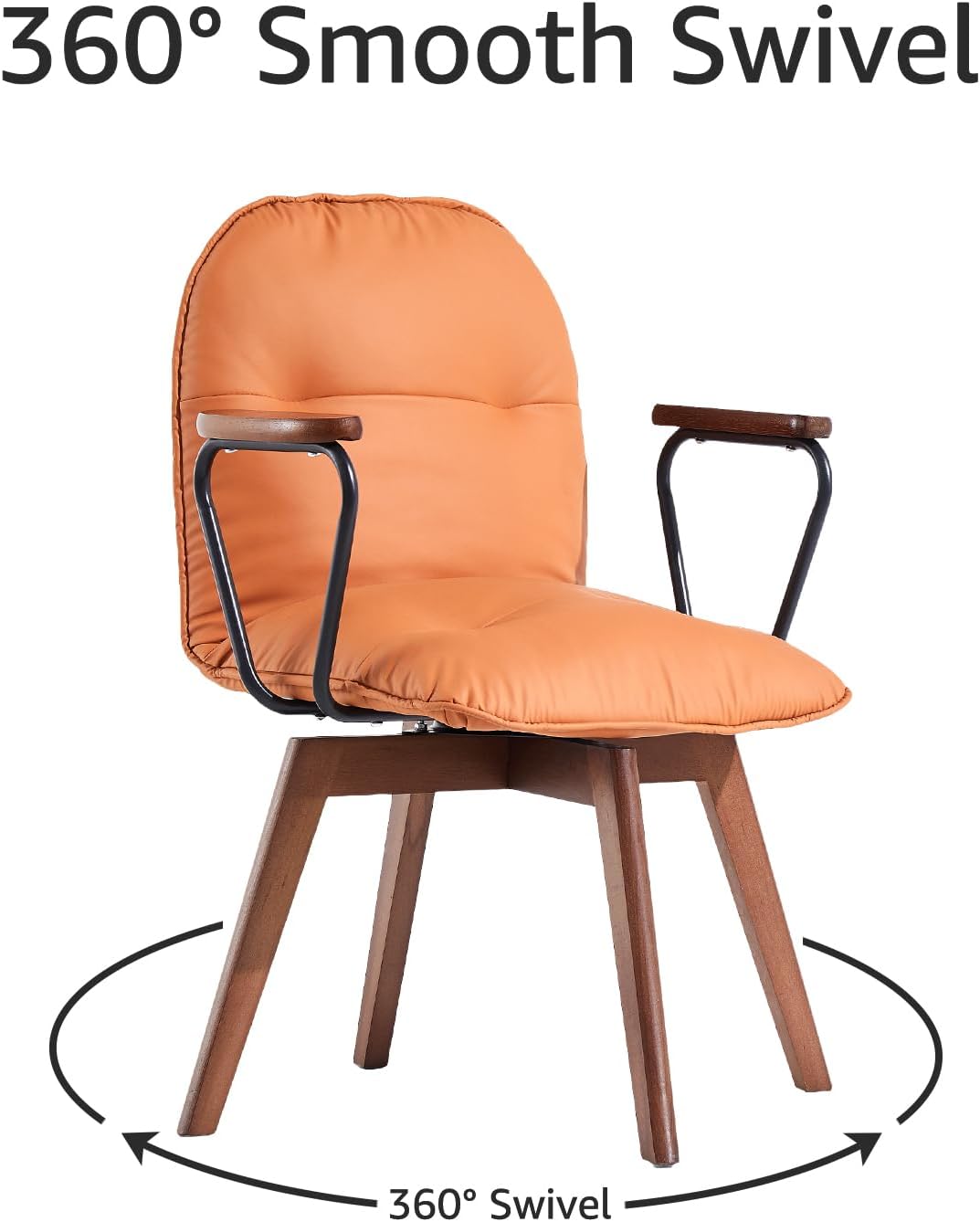 zyz Mid Century Modern Accent Chair, Solid Wood Arms & Legs, 360° Swivel Desk Chair No Wheels, Upholstered Vanity Chair, PU Leather Armchair for Home Office Living Room Bedroom (Brown, Set of 1)