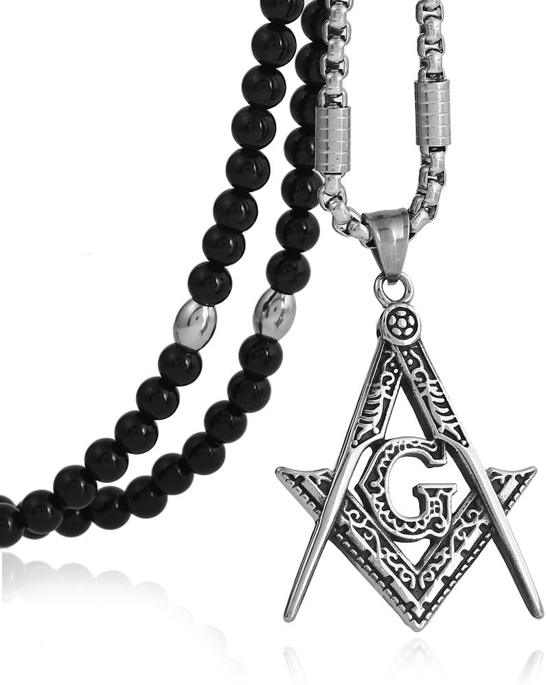 BLEUM CADE Stainless Steel Masonic Symbol Pendant Necklace with Black Natural Agate Stone Chain 27inches