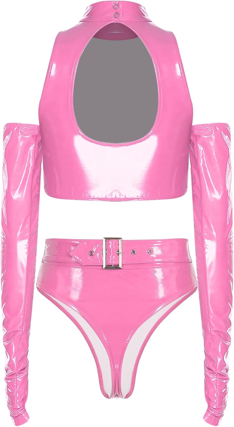 iiniim Womens Cold Shoulder Wetlook Crop Top with High Waist Buckle Briefs Hot Pants Rave Outfits