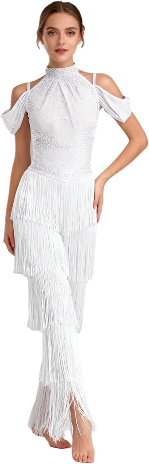 Women Latin Dance Costume Off Shoulder Fringe Jumpsuit Legging Pants Rumba Salsa Ballroom Dancewear
