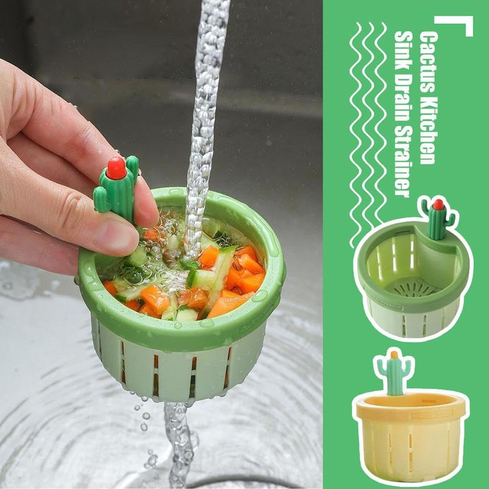 2-Piece Cactus Kitchen Sink Drain Strainer – Fits 3" To 4.25" Drains, Press-to-Dump Design, Yellow & Green