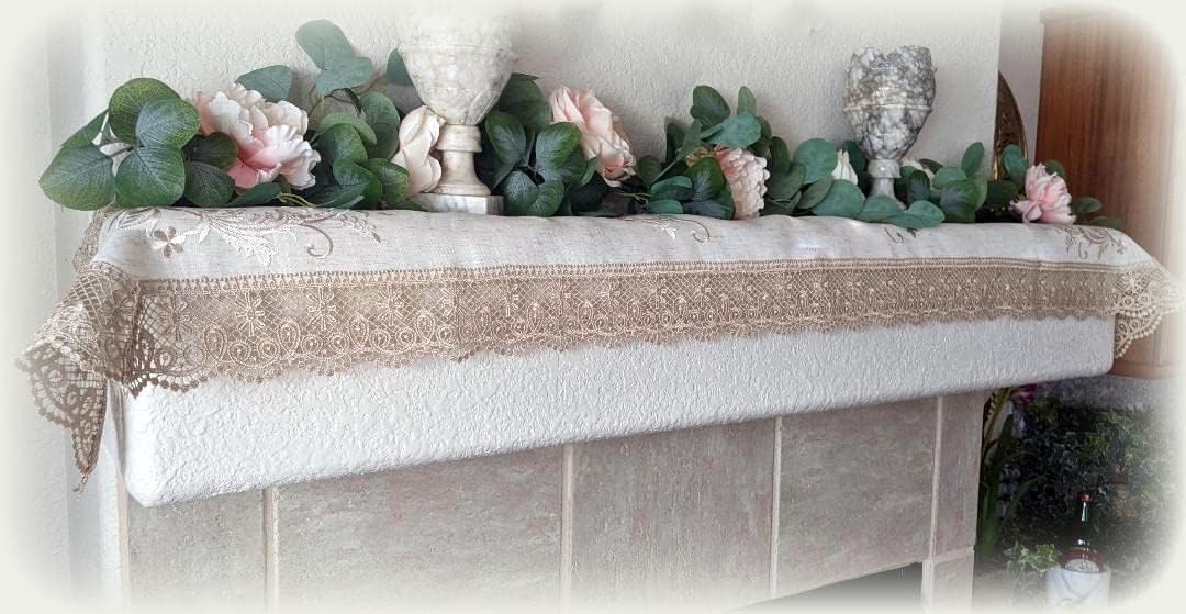 Galleria di Giovanni Lace Embroidered Dresser Scarf Mantel Shelf Table Runner Natural Beige Neutral 66 inch x 13 inch Doily