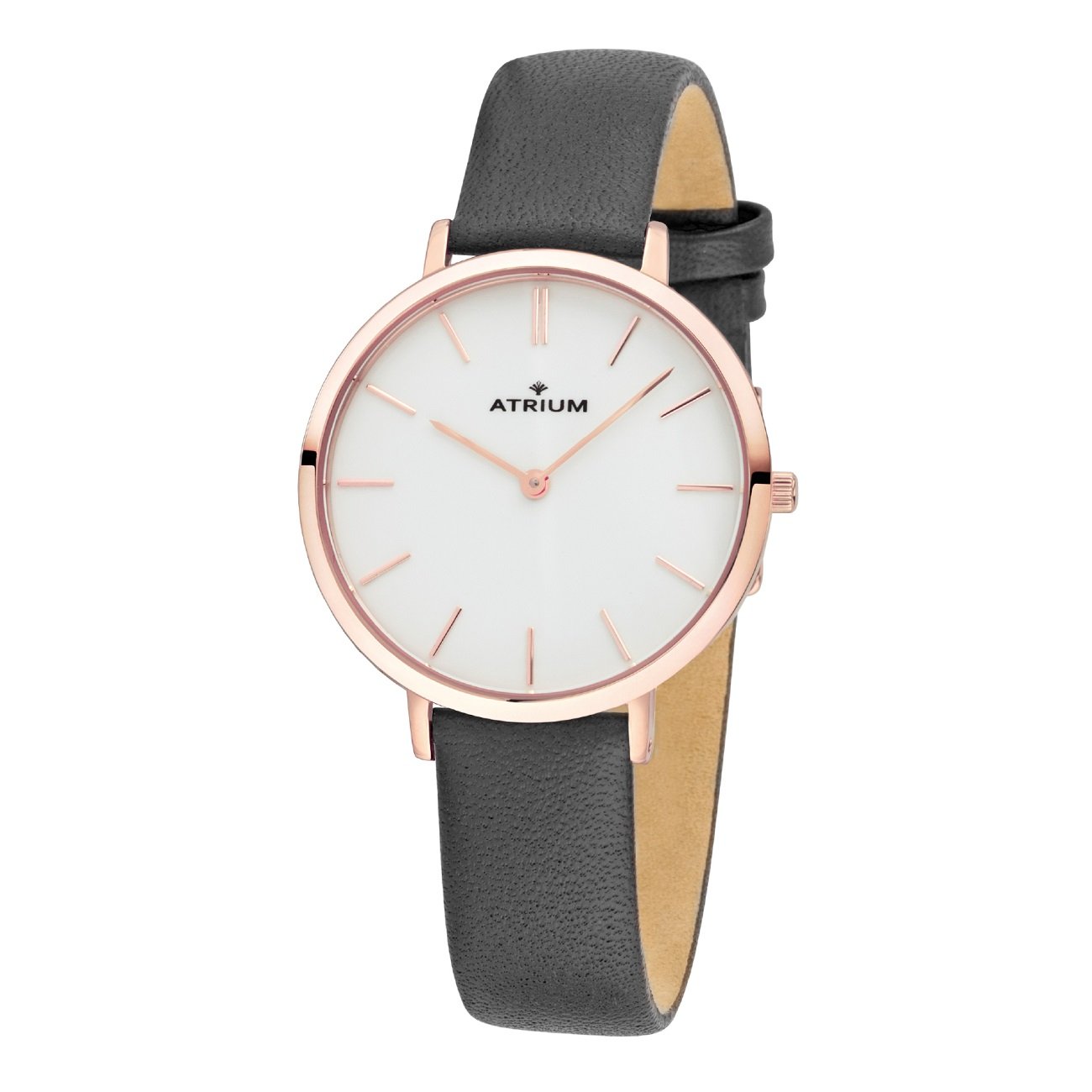 ATRIUM Klassische Damenuhr – Armbanduhr minimalistisches Design analog Quarz Stahl roséfarben Lederband anthrazit A28-204