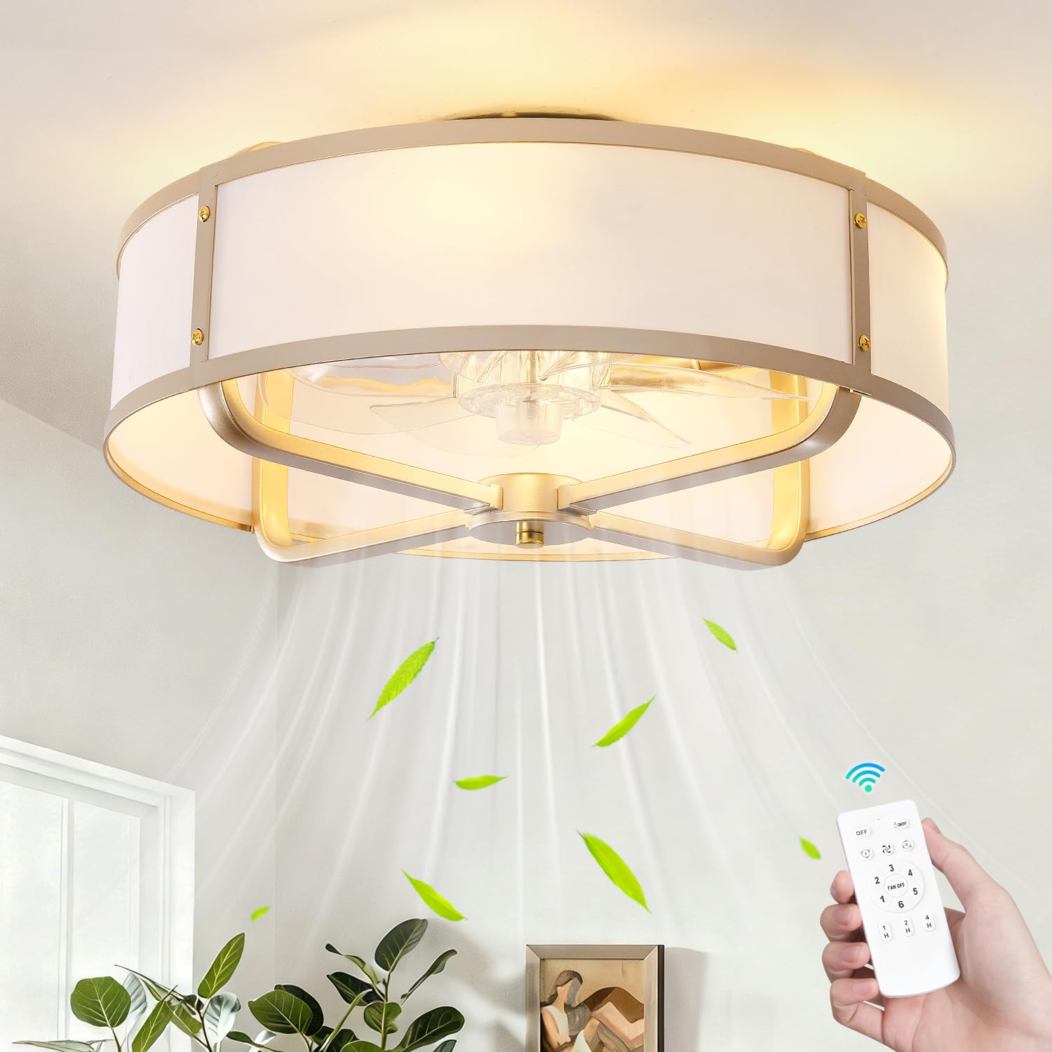 Photo 1 of Beiduna 18" Gold Flush Mount Ceiling Fan with Light, Caged Boho Ceiling Fans with Lights and Remote Control, Hidden Bladeless with 6 Speeds for Living Room, Bedroom, Nursery