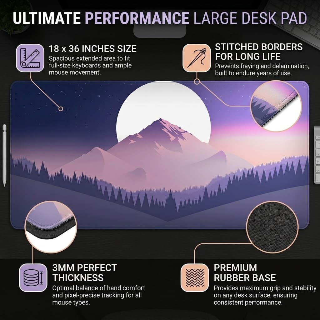 MASI Picks Minimalist Mountain Landscape Desk Mat (458 x 915 mm) – Premium Extended Mouse Pad with Stitched Edges & HD Print