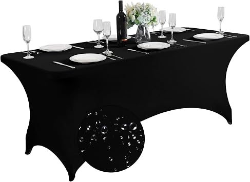 SuperO Waterproof Spandex Table Cover for 6FT Table Universal Fitted Stretch Tablecloth for Party, Banquet, Wedding and Events-Black
