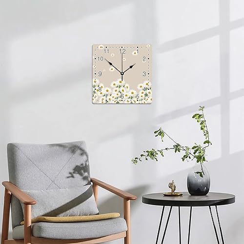 Miniatura 6 de Reloj de pared cuadrado de madera de estilo rústico con margaritas blancas con números arábigos, funciona con pilas, reloj silencioso sin tictac