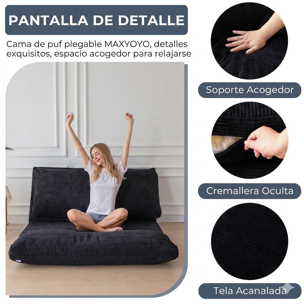 MAXYOYO - Puf plegable de pana con relleno de espuma, extra grueso, 4 capas, colchón/sofá de suelo para adultos, funda extraíble y lavable a máquina, color negro, 135 x 240 cm
