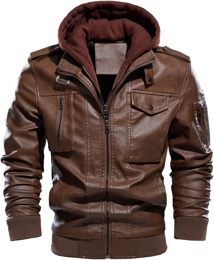 Leather Jacket Men Vintage Motorcycle Jacket Zip up Faux Leather Jacket Waterproof Biker Jacket PU Leather Winter Coat