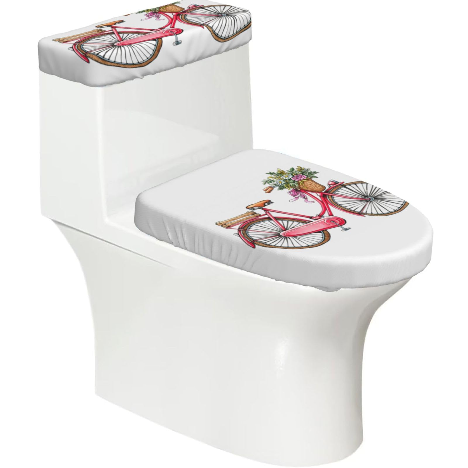 Bicycle Print Bathroom Decor Toilet Lid Cover And Tank Covers, Restroom Accessories Fits Most Round