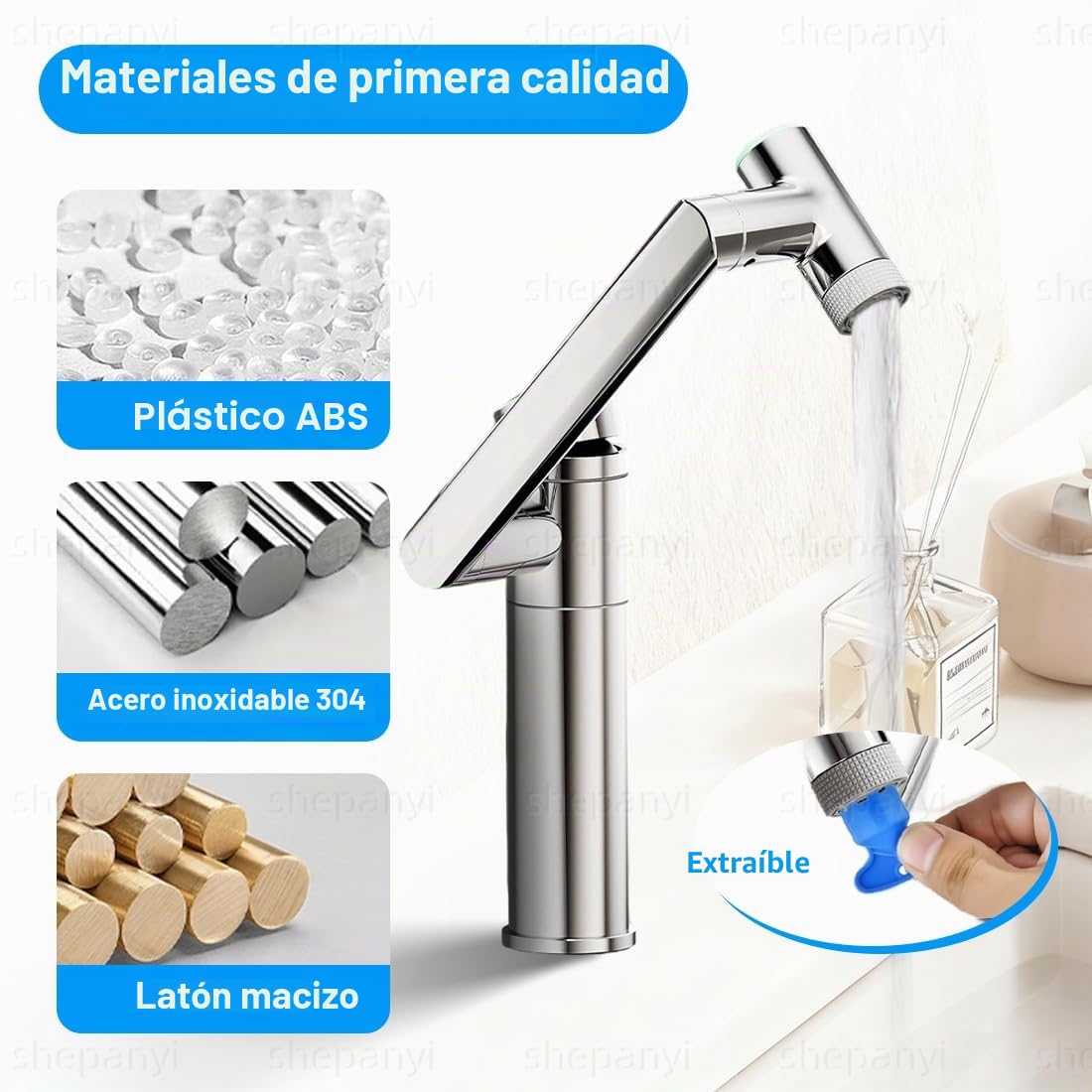 Grifo de Baño con Indicador de Temperatura (sin Pilas), Grifo de Lavabo Giratorio 1080°, Grifos de Altura Ajustable, De specificatie van de slang is G1/2