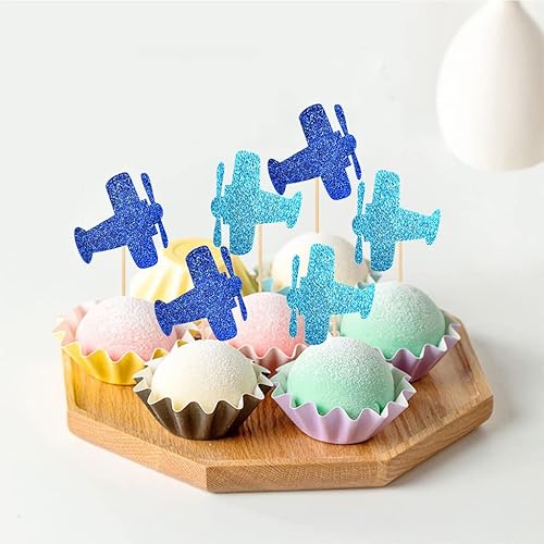 Miniatura 4 de 24 piezas de decoración de cupcake de avión con purpurina para fiesta de cumpleaños, compromiso, boda, baby shower, aniversario, fiesta, pastel,