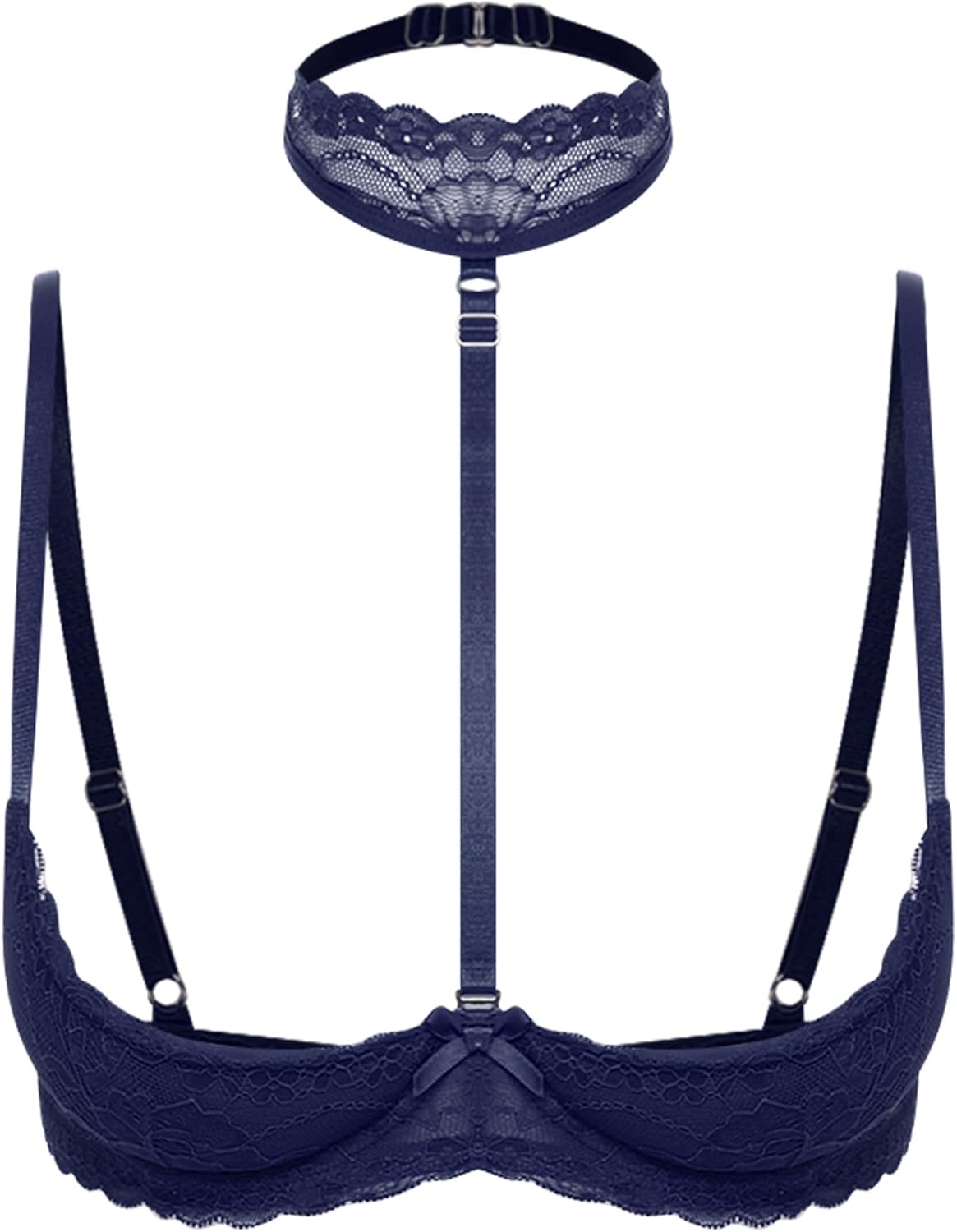 Women's 1/4 Cups Lace Lingerie Exposed Breast Padded Unlined Underwire Push Up Bra Tops with Choker
