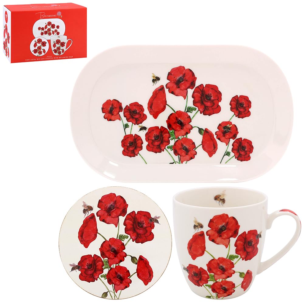 The Leonardo Collection Red Mug, Coaster And Snack Tray Set - Bee-Tanical Poppies And Bees Design