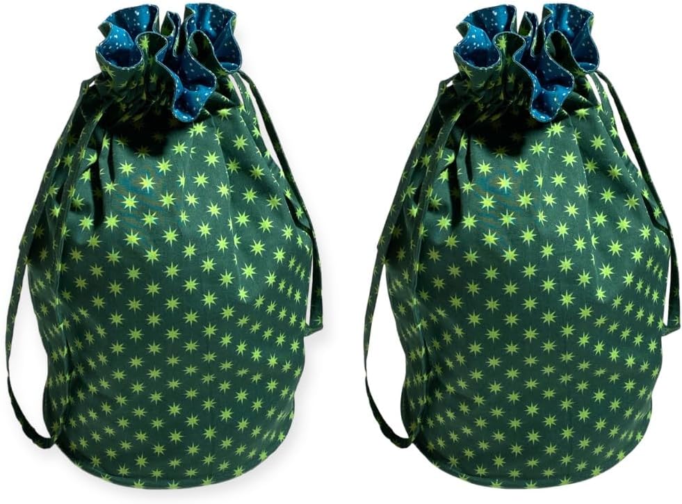 SHIKIWRAP 2-in-1 Reversible Fabric Gift Bag - Reusable Wrapping Cloth Bag with Drawstrings for Small and Medium-Sized Birthday Gifts, & Special Occasions (Stars and Snow, Pack of 2)