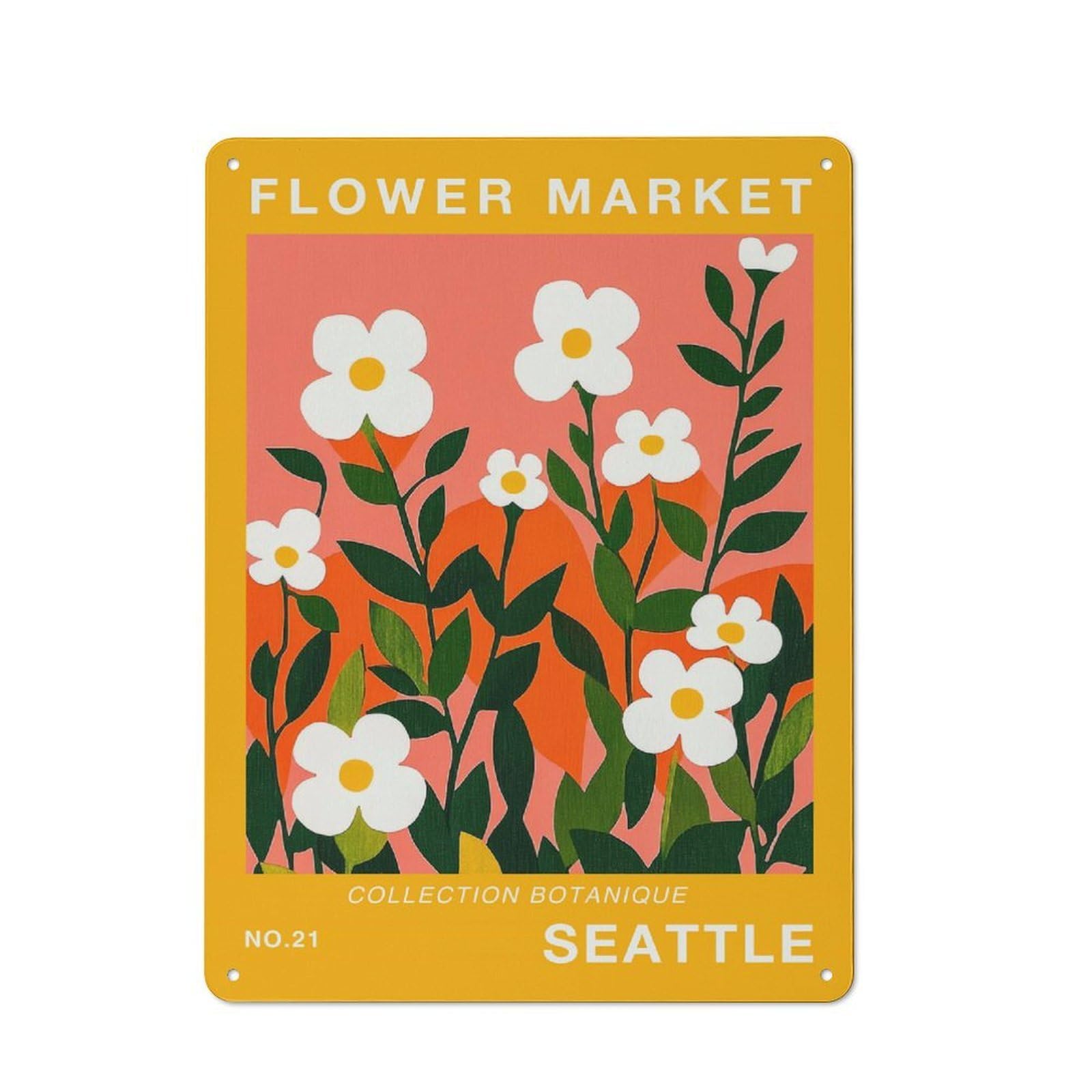 Junmoney Style Country Country Metal Sign 40X30cm Featuring Seattle Flower Market Print, Rustic Kitchen Decor For Cottage, Kitchen, Hallway Or Breakfast Nook