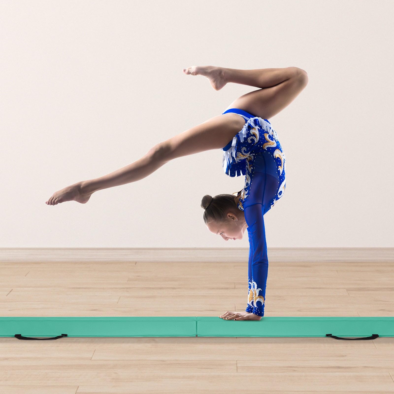 Leogreen Barra de Equilibrio PU Cuero Plegable 270cm, Barra de Gimnasia Artistica para Niños Adultos, Viga de Equilibrio con Bolsa de Transporte y Base Antideslizante Verde