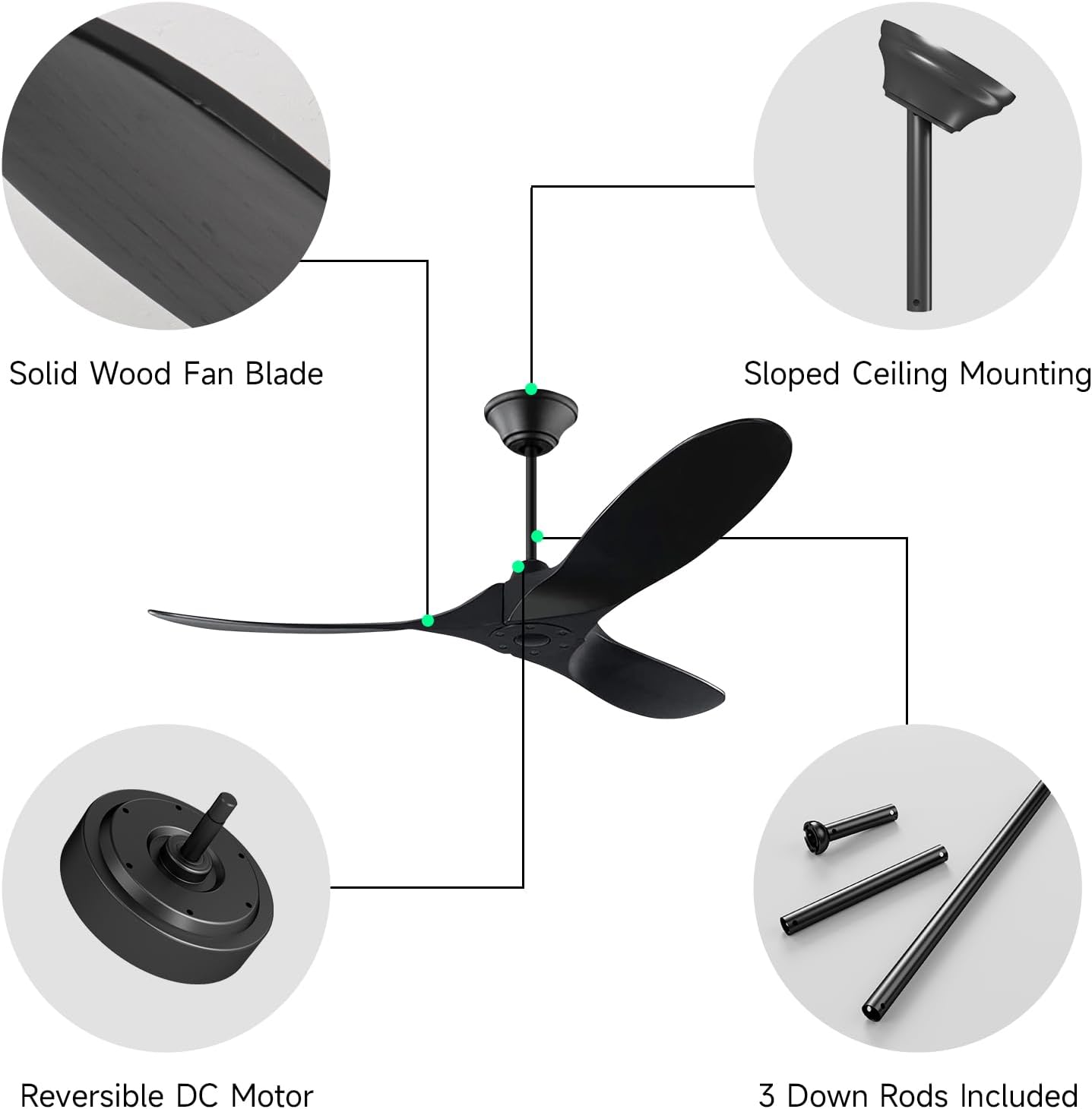 70 Inch Black Ceiling Fan No Light with Remote, 3 Blade Wood Propeller Ceiling Fan Large Outdoor Ceiling Fans for Patios, Modern Damp Rated Large Airflow Exterior Ceiling Fan for Porch Gazebo