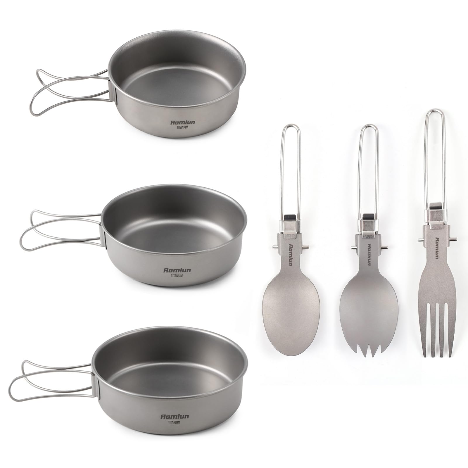 Set di Utensili e Ciotola da Campeggio, 3 Ciotole, Cucchiaio e forchetta, Combo Ciotola in Titanio con Manico Pieghevole, stoviglie da Escursionismo ultraleggere in Titanio, Set da 6 Pezzi