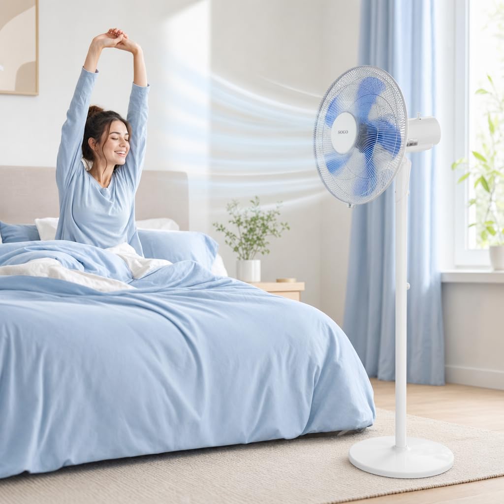 SOGO Ventilador de Pie Silencioso 40 cm con Altura Ajustable 90-125 cm - Ventilador Oscilante con 3 Velocidades y 5 Aspas - Ventilador Potente y de Bajo Consumo 50W Blanco SS-21245-W