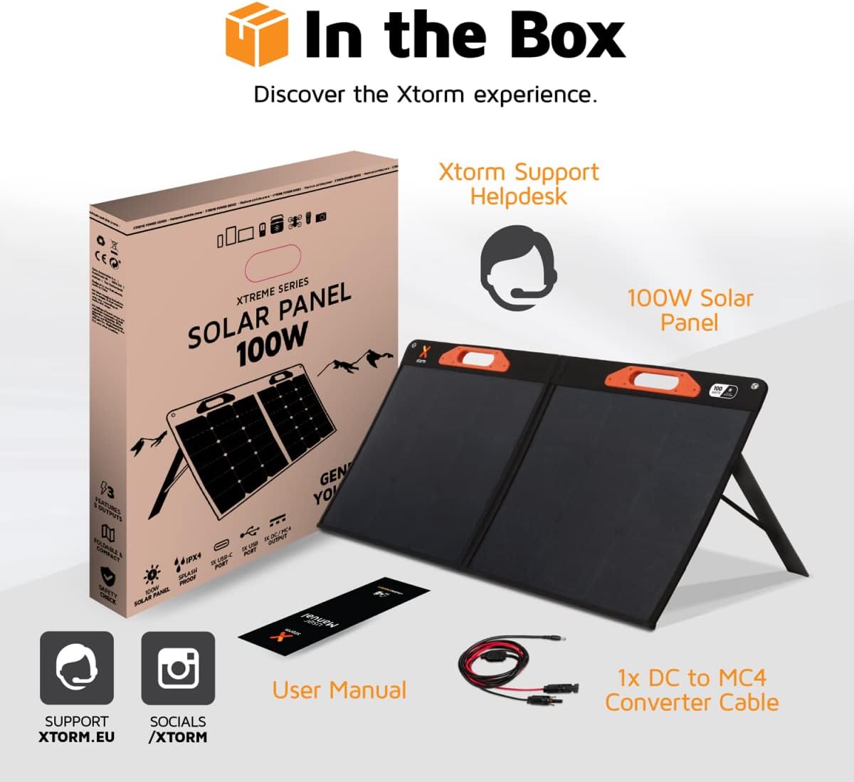 Contents of the Xtorm 100W Solar Panel box, including the folded solar panel, user manual, and DC to MC4 converter cable.