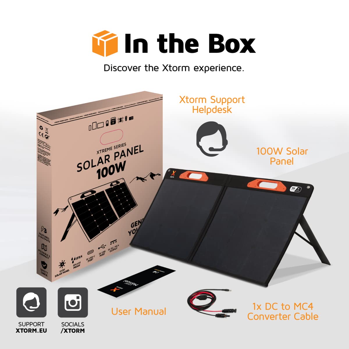 Xtorm Panel słoneczny 100 W do przenośnej stacji zasilania – MC4, 45 W USB-C PD, USB 18 W Quick Charge 3.0 wyjścia