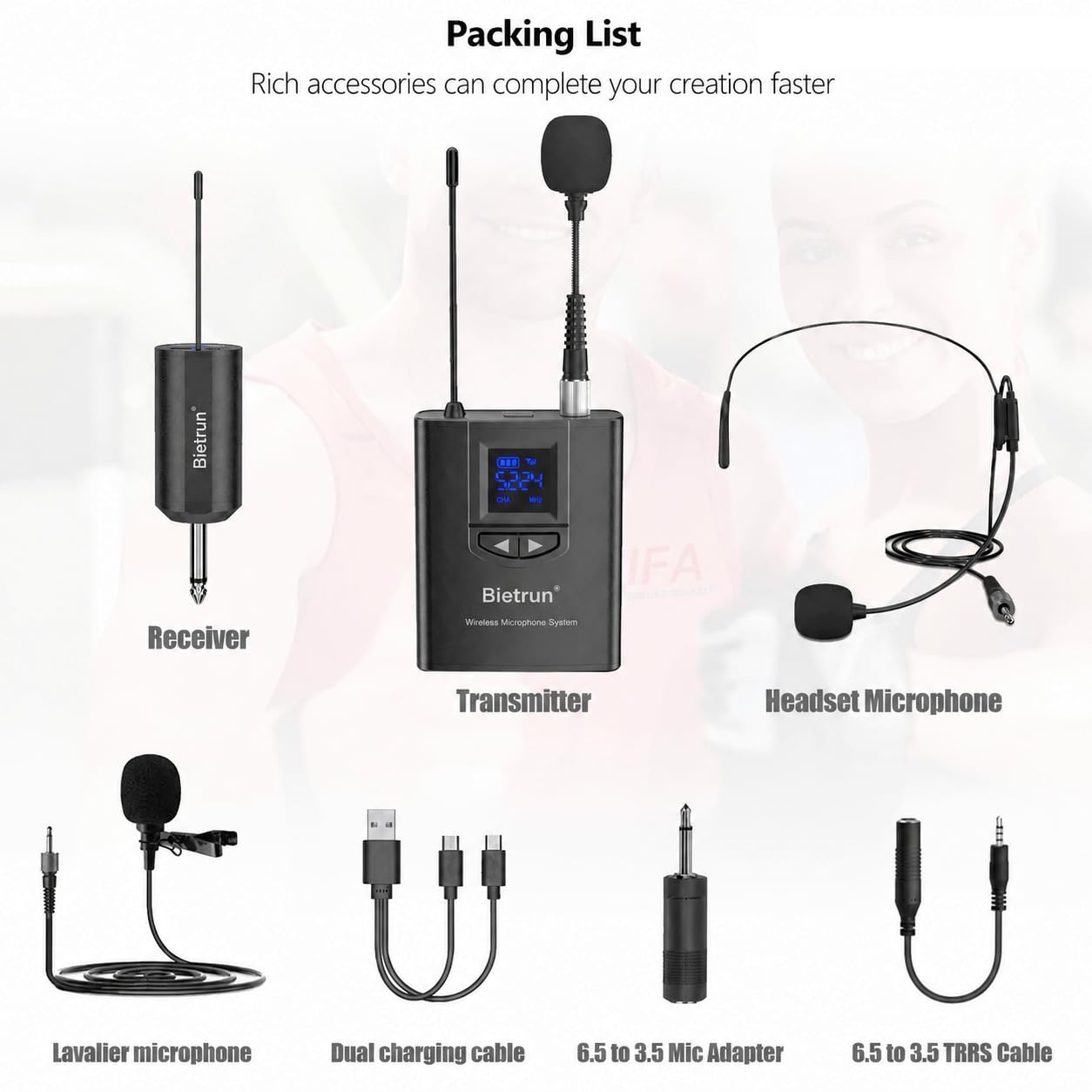 Bietrun UHF Wireless Lavalier Lapel Microphone System/Cuffia/Microfono con supporto, portata 165 piedi, trasmettitore ricevitore ricaricabile, uscita da 1/4", per iPhone, Android, altoparlante PA