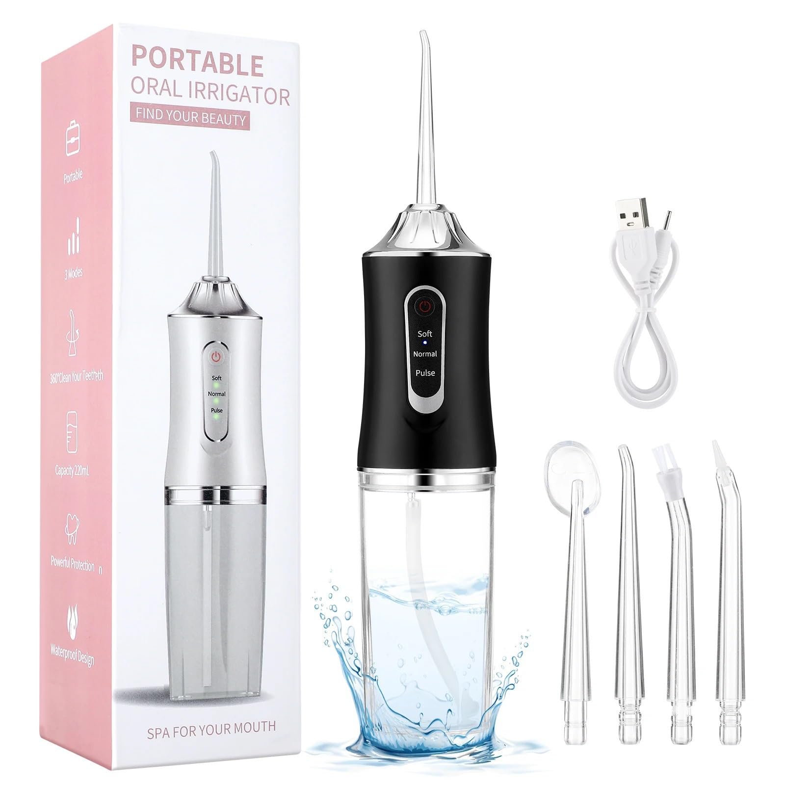 Irrigador Bucal Portatil, Recargable Irrigador Dental Portatil con 4 Boquillas 3 Modos IPX7 Impermeable 300ML Irrigadores Dentales para el Hogar y los Viajes