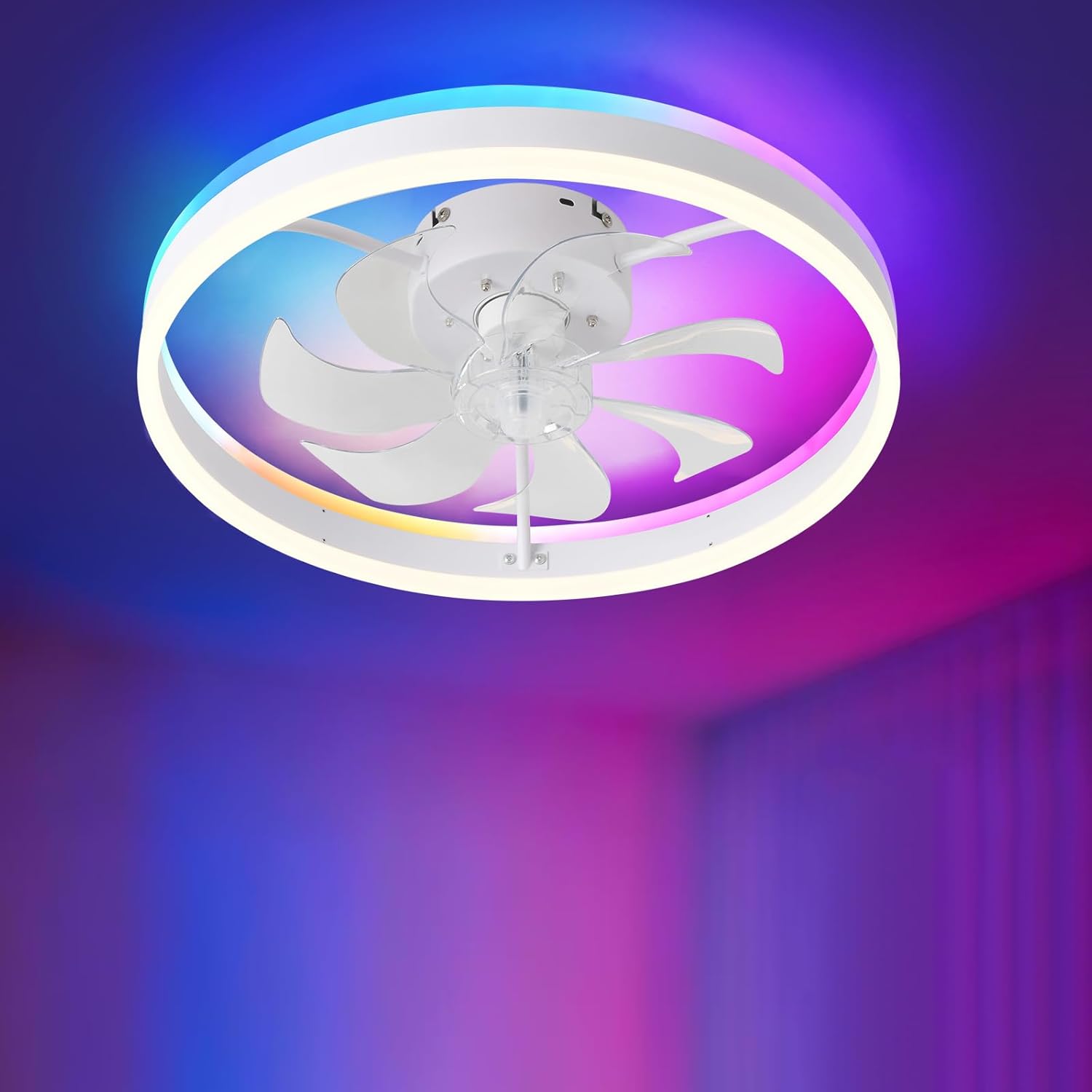 Smart Ceiling Fan with Light, 20'' Low Profile Ceiling Fan for Bedroom, RGB Ceiling Fans Works with Alexa, 4CCT Dimmable Modern Flush Mount Ceiling Fan with Music Sync&66 DIY Color Scenes,White