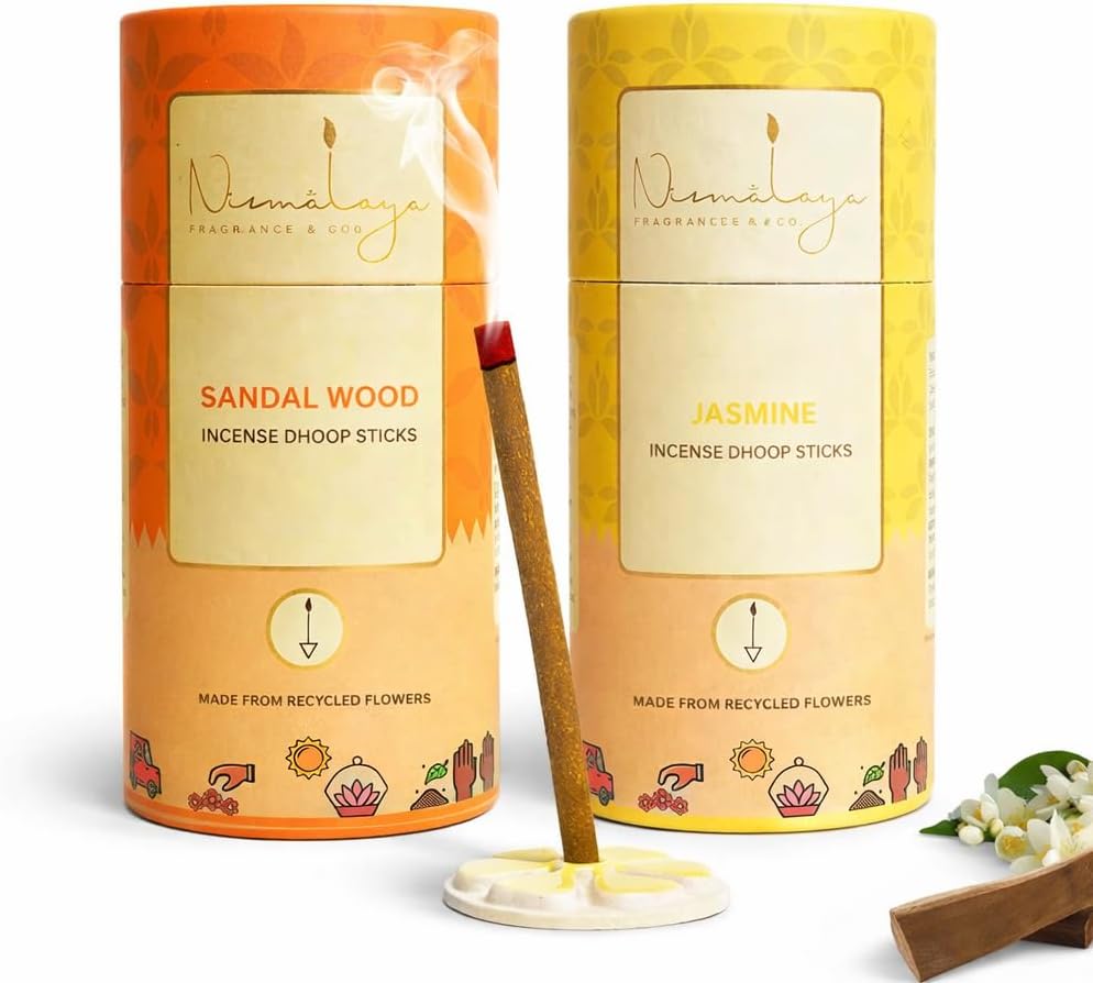 Nirmalaya Premium Sandalwood Dhoop Sticks Made with Recycled Flower | Bamboo Less & Charcoal Free | Pack of 40 Sticks, 180g (Sandalwood & Jasmine Combo)