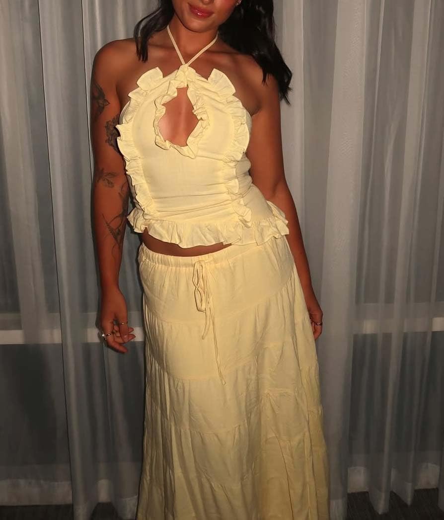 Y2k Ruffle Long Skirt Sets for Women 2 Piece Outfits Summer Ruched Backless Cami Top Matching Boho Maxi Skirt Set - Image 4