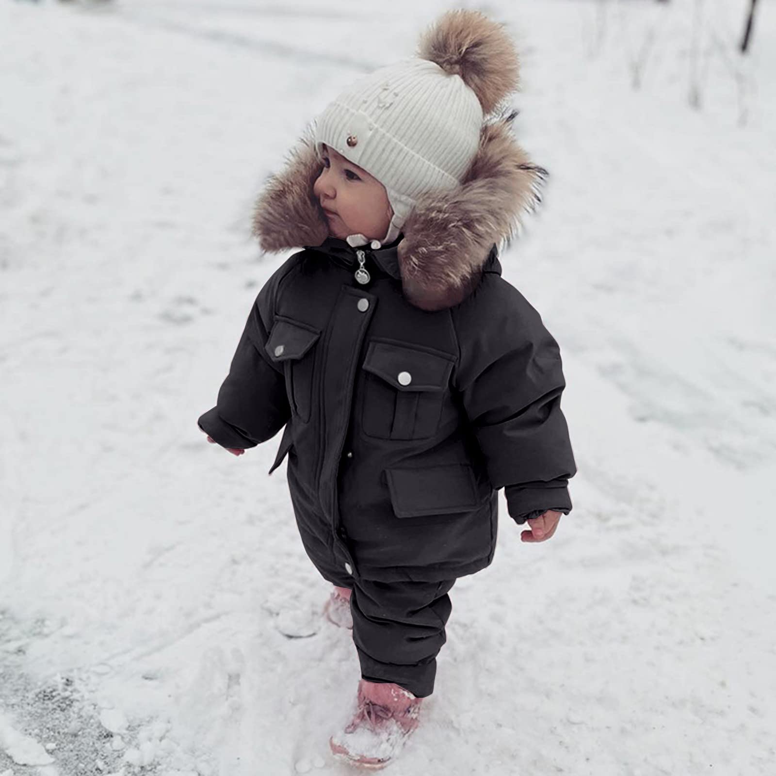 Tuta da Sci Piumino per bambini e bambine Capppotto con Cappuccio Piumino Invernale da Neonato Bambino Giacca Inverno con Saloppetti 2 Pezzi Set di piumino per bambini Neonato (Black, 3-4 Years)