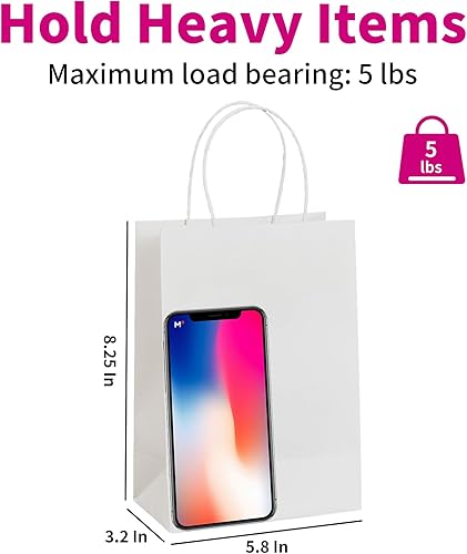 Miniatura 3 de RACETOP Paquete de 100 bolsas de regalo pequeñas de 5.8 x 3.2 x 8.25 pulgadas, bolsas de papel kraft blancas con asas a granel, bolsas de compras al