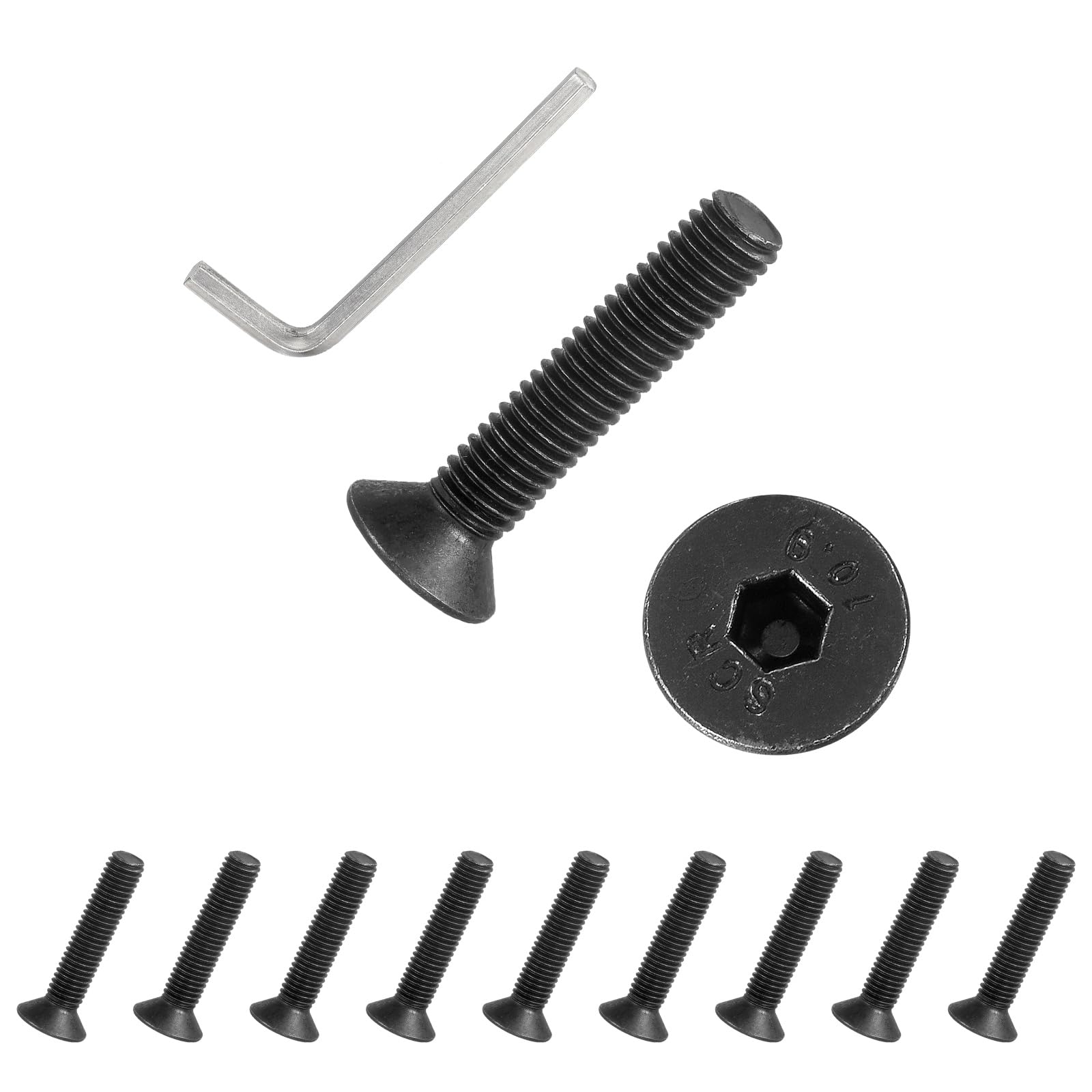 PATIKIL M8x40 mm Flat Head Socket Cap Screws, 10 Pcs Carbon Steel Flat Countersunk Bolts Hex Socket Drive Machine Screws Full Thread Grade 10.9 with Hex Spanner, Black