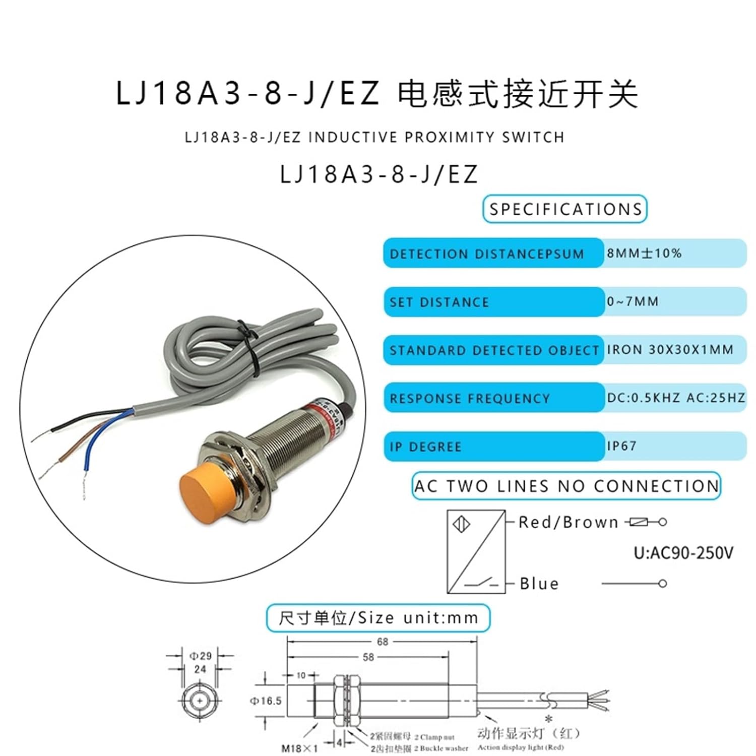 1PC LJ18A3-8-J/EZ 18MM Mounting Hole NO 6-36V AC 8MM Detection Distance Sensor Inductive Proximity Switch with 1.2Meter Wire