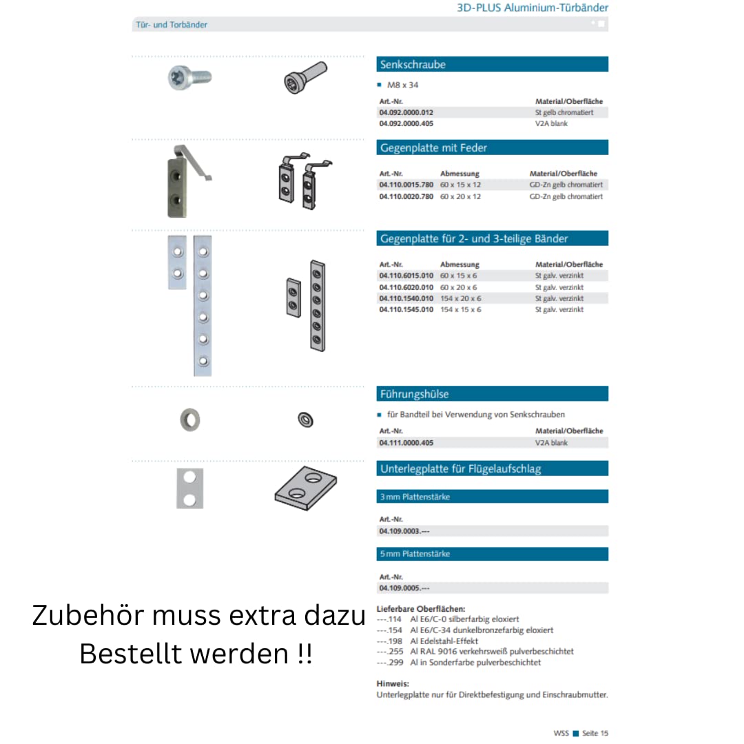 3D-PLUS - Bisagra para puerta (3 piezas, estructura de postes, materiales/superficies: efecto de acero inoxidable, eje en mm)