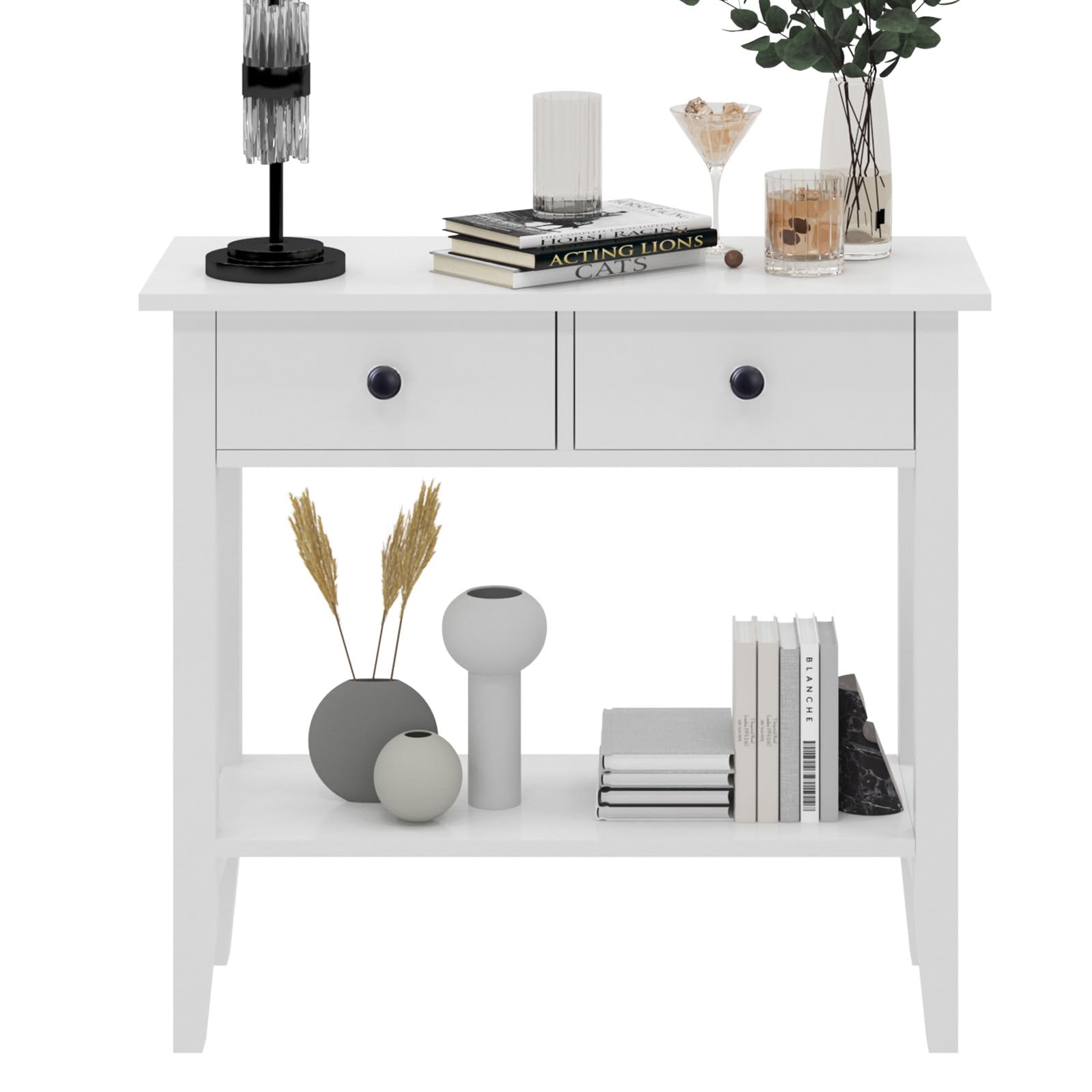 soges Konsolentisch Couchtisch Beistelltisch Sideboard mit 2 Schubladen, Eingangstisch, weiß, für Eingangsbereich, Wohnzimmer, 80 x 34 x 71,5 cm