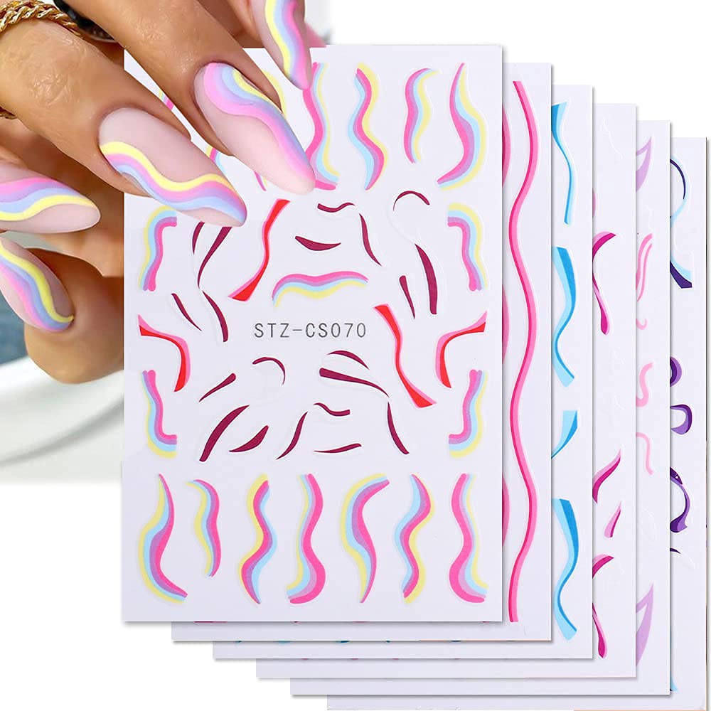 6 Sheets Color Wave Line Nail Stickers Nail Decals, 3D Self-Adhesive Curve Lines Irregular Whirling Lines Nail Art Supplies, French Abstract Swirl Strips Nail Decorations Accessories for Manicure Design