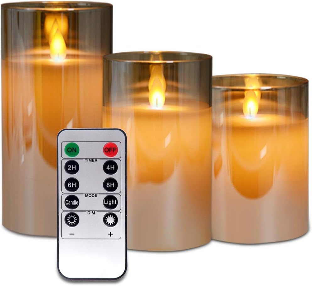 Brown Glass Flameless Candles with Remote Timer Battery Operated Candles Gift Set 4''5''6'' LED Real Flameless-Effect Candles for Wedding Festival Decorations Valentine's Day Mother's Day Gift