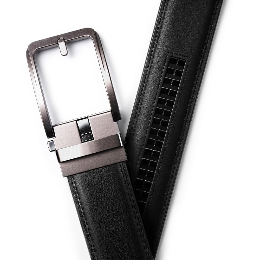 Buckley Belts - No Hole Ratchet Belt for Men - Adjustable Leather Belt - for Dress Pants, Jeans - One Size Fits All Black + Matt Silver