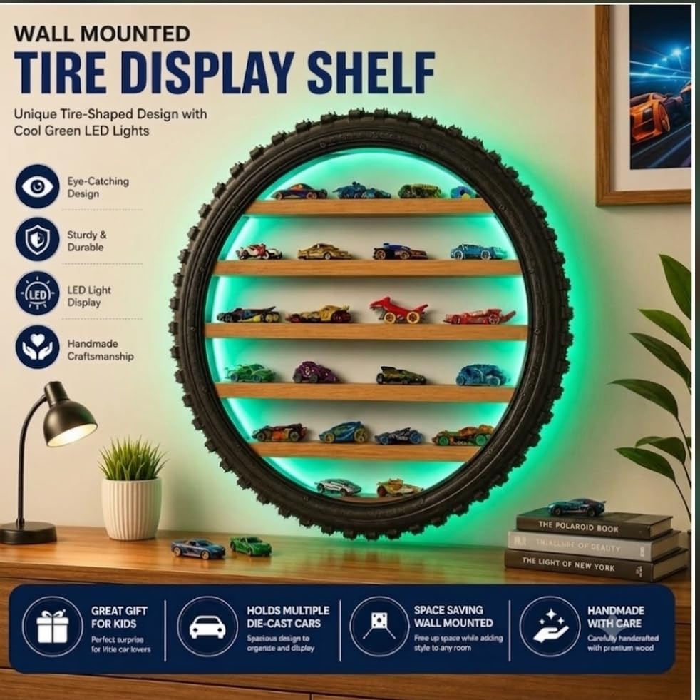 Image of Wooden Wall Shelf Display Rack for 1:64 Scale Die-Cast Cars, Green