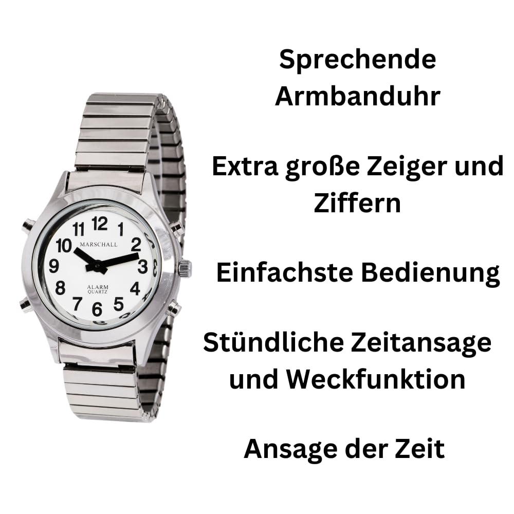 Marschall Deutsch sprechende Herren Armbanduhr I H-SM I Für Blinde, Senioren und Sehbehinderte I Komplette Datumsansage I Extra große Zeiger I Silberfarben mit Metallzugarmband