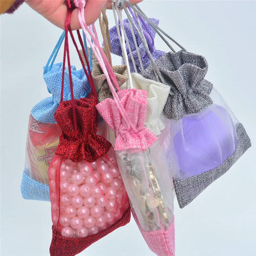 Lot de 25 pochettes de rangement en toile de jute et de coton avec cordon de serrage - Sacs cadeaux en organza et lin avec cordon de serrage - Plusieurs tailles - Beige - 13 x 18 cm