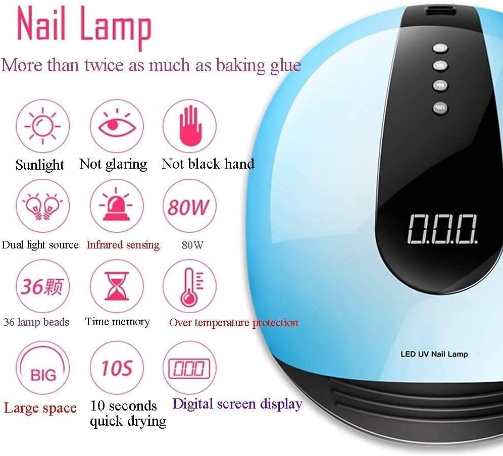 UV Gel Nail Lamp, 80W LED Nail Light Fast Nail Dryer for Gel Polish Curing, 4 Timers, Portable Professional Nail Art Tools (Color : White)