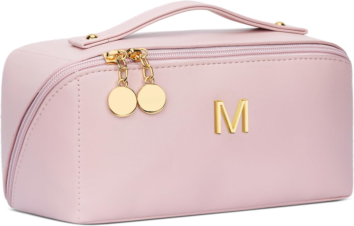 Initial Makeup Bag Gifts for Women Bridesmaid Gifts Travel Toiletry Personalized PU Leather Waterproof Cosmetic Bag (Medium-Pink-N)