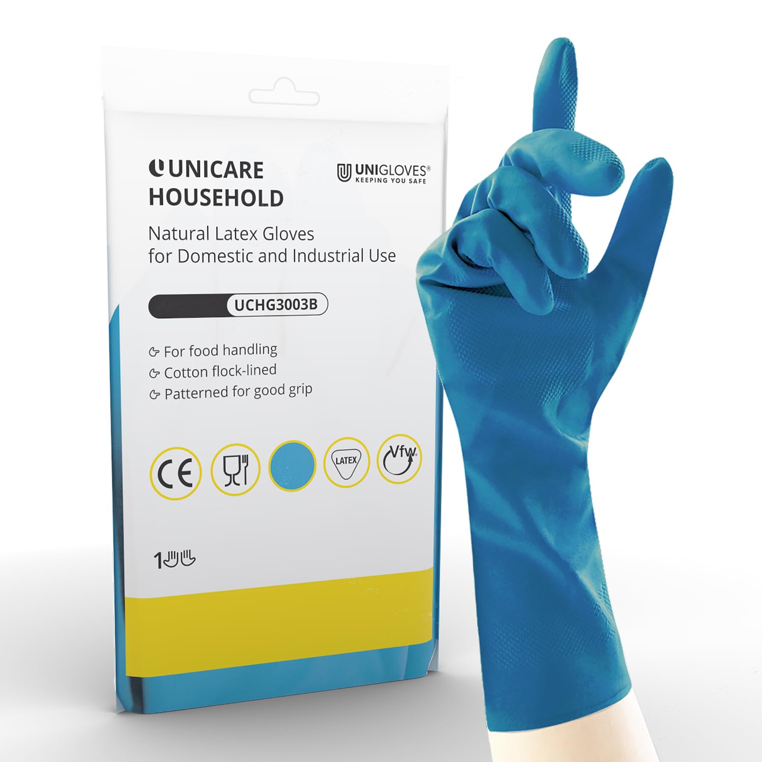 Unigloves Unicare UGHG3005B Household Gloves - Powder Free, Reusable Latex Gloves, 1 Pair, Blue, Extra Large